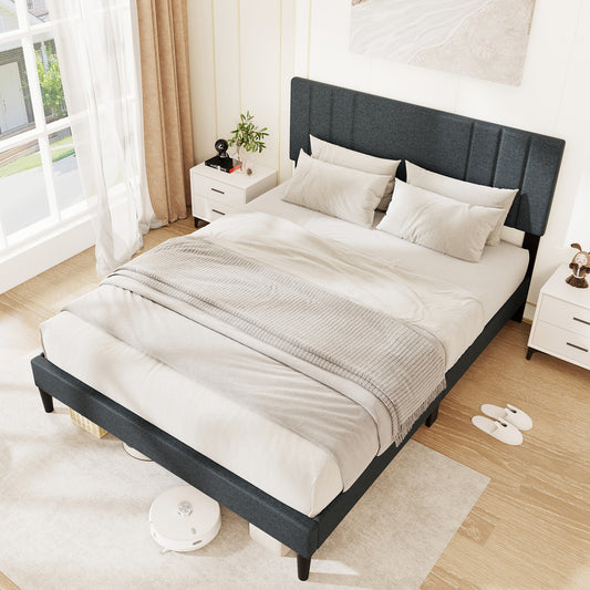 Full/Queen/Twin Size Bed Frame with Vertical Channel Tufted Headboard and Wooden Slats-Queen Size, Gray Simple Bed Frame Gray at Gallery Canada