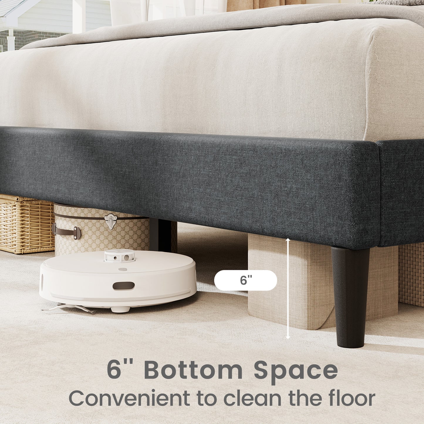 Full/Queen/Twin Size Bed Frame with Vertical Channel Tufted Headboard and Wooden Slats-Queen Size, Gray Simple Bed Frame at Gallery Canada