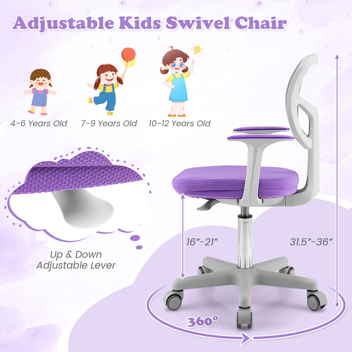 Adjustable Desk Chair With Auto Brake Casters, Purple Kids Chairs & Seating at Gallery Canada
