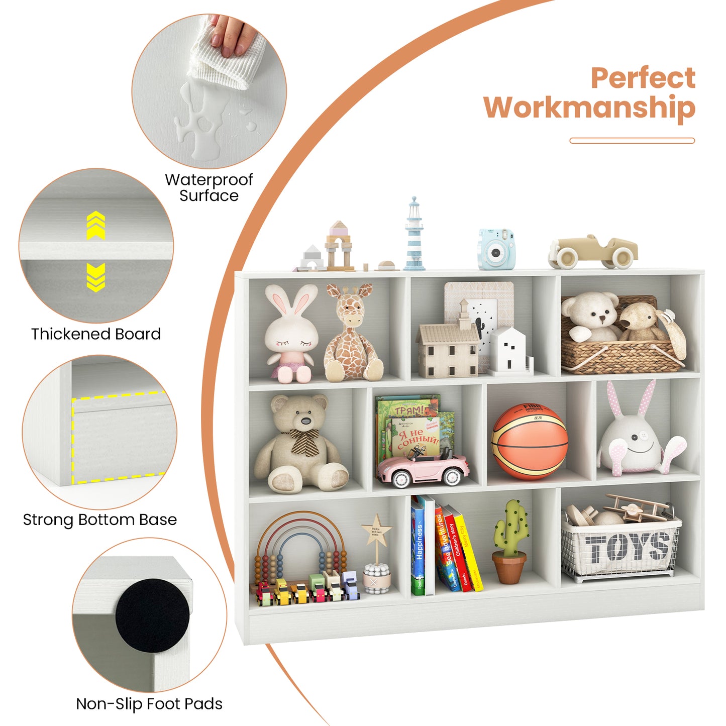 Organisateur de rangement pour jouets en bois, 41 pouces, 10 cubes, blanc