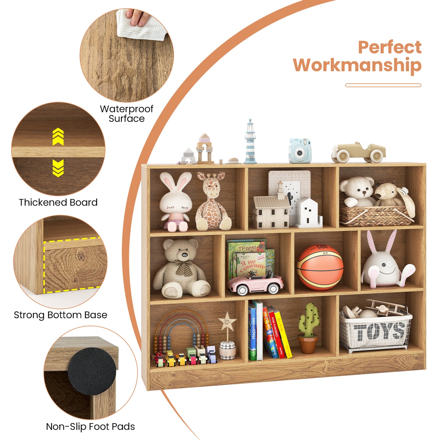 Organisateur de rangement pour jouets en bois de 41 pouces, 10 cubes, naturel