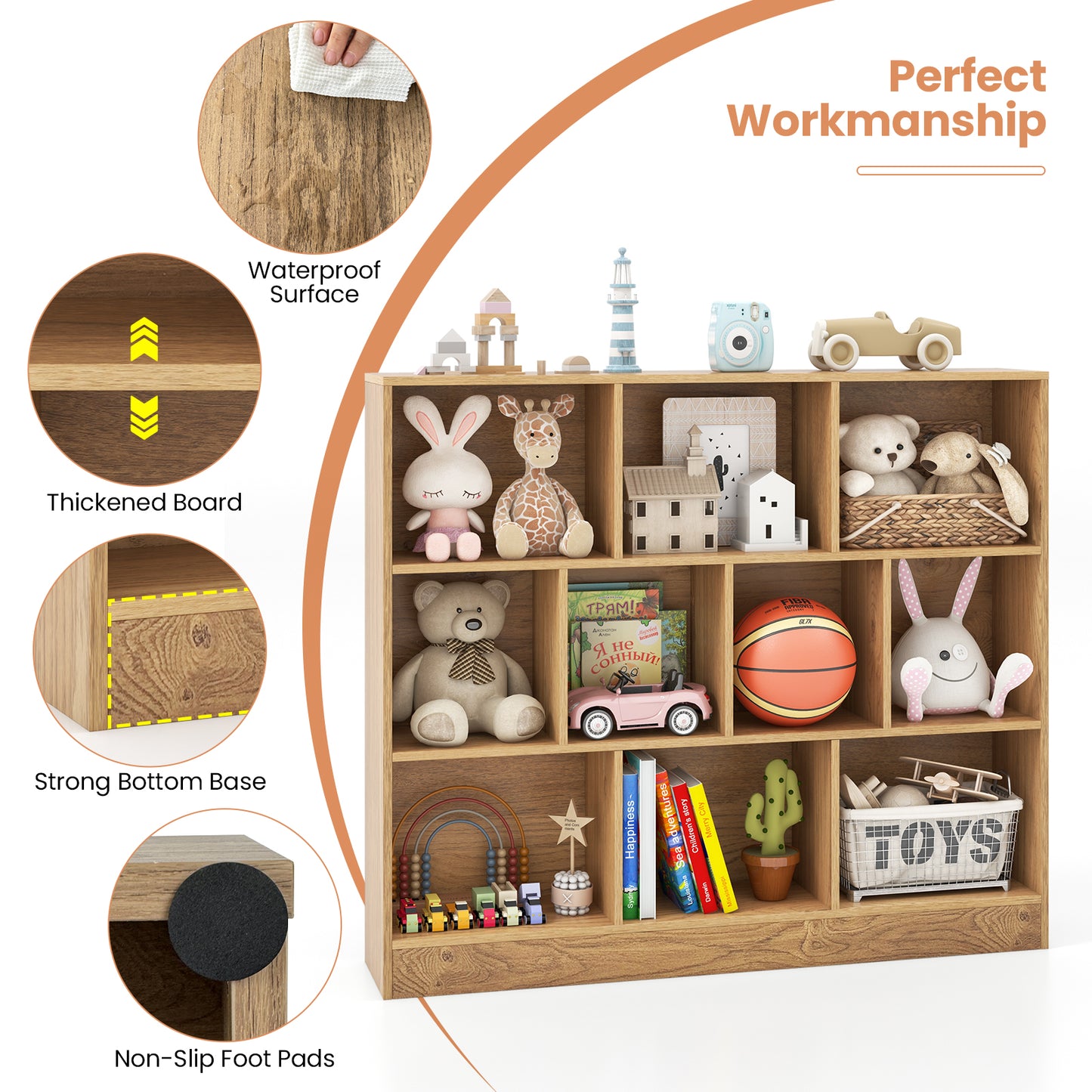 Organisateur de rangement pour jouets en bois, 41 pouces, 10 cubes, naturel