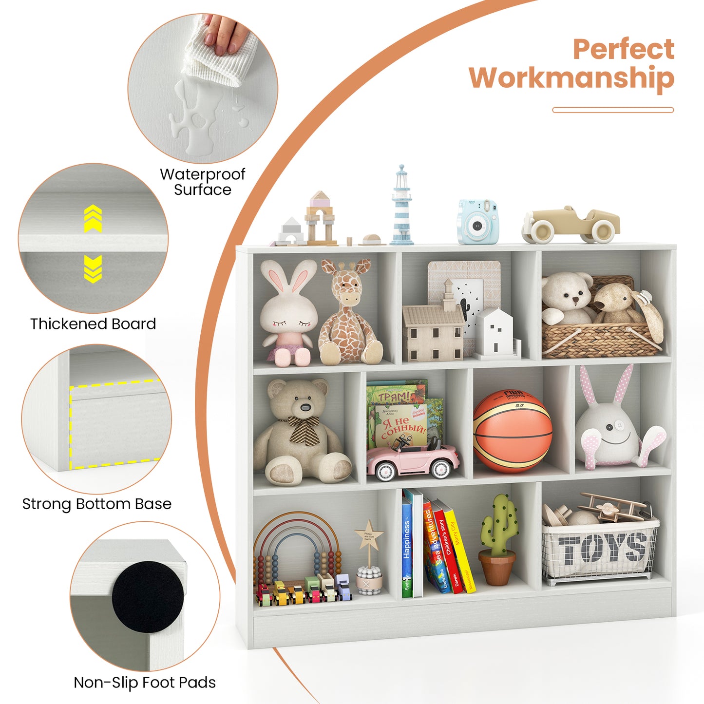 Organisateur de rangement pour jouets en bois de 41 pouces, 10 cubes, blanc