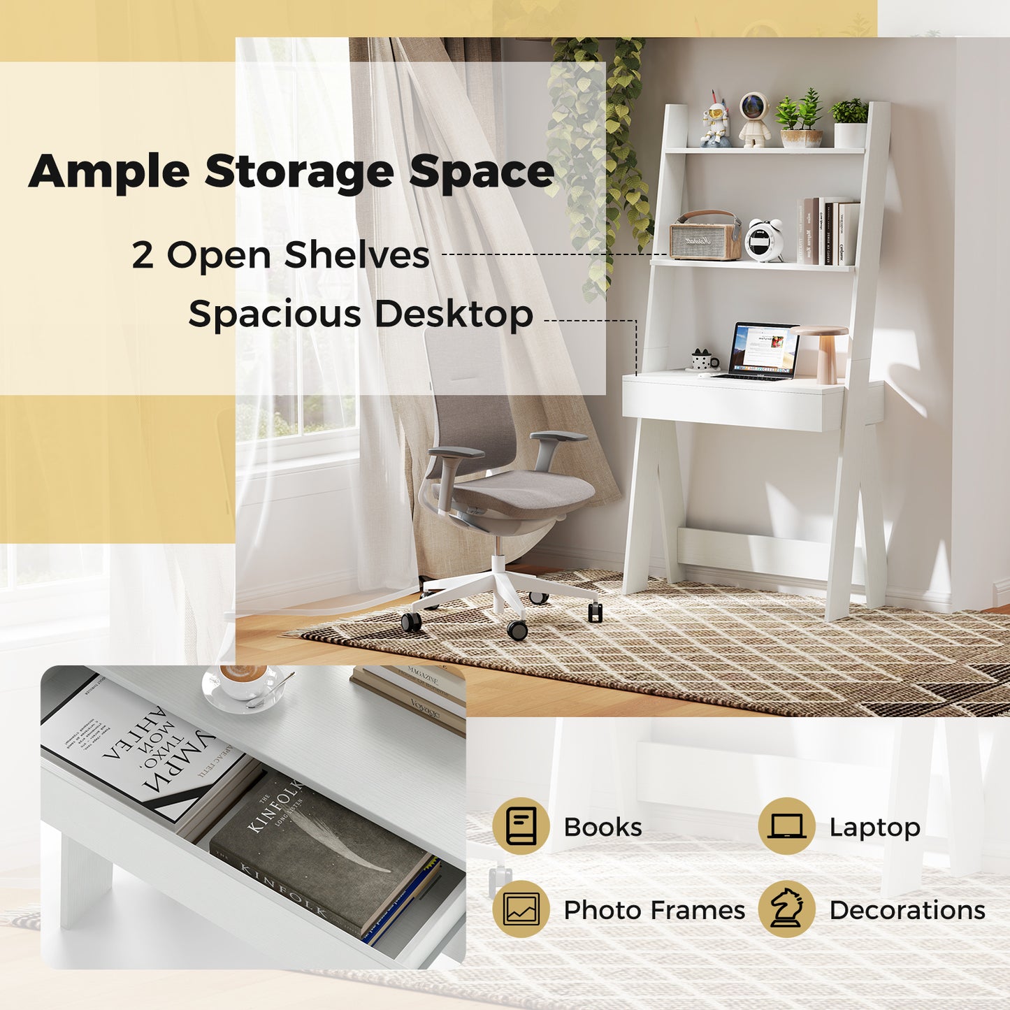 Ladder Shelf Desk With Countertop Drawer, Anti-Toppling Device, Oak Bookcases at Gallery Canada