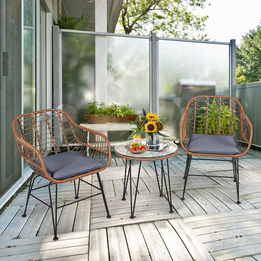 3 Piece Patio Rattan Bistro Set With Cushion, Gray Patio Conversation Sets Gray at Gallery Canada