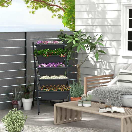 5-Tier Vertical Raised Garden Bed with Wheels and Container Boxes, Black Raised Garden Beds Black at Gallery Canada