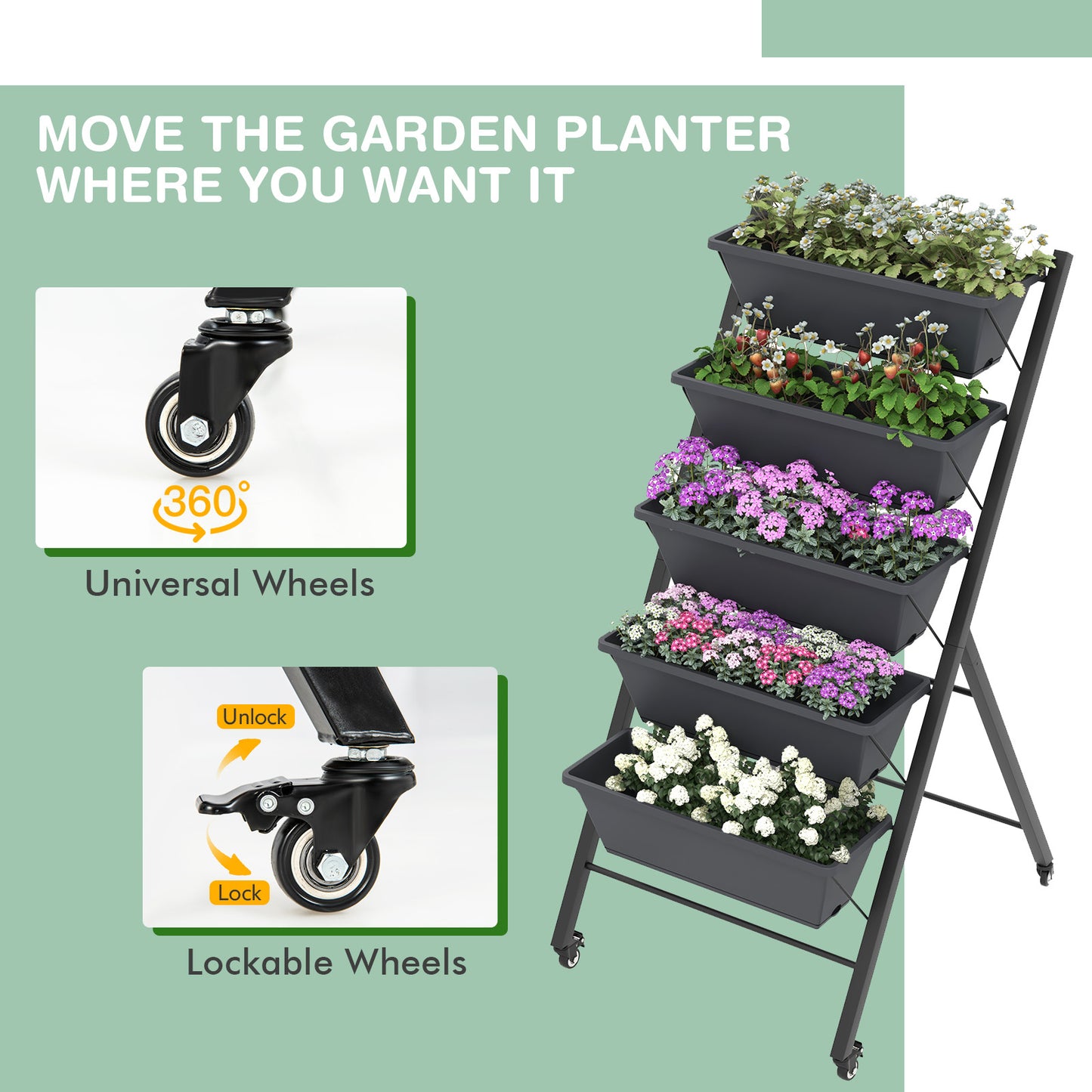 5-Tier Vertical Raised Garden Bed with Wheels and Container Boxes, Black Raised Garden Beds at Gallery Canada