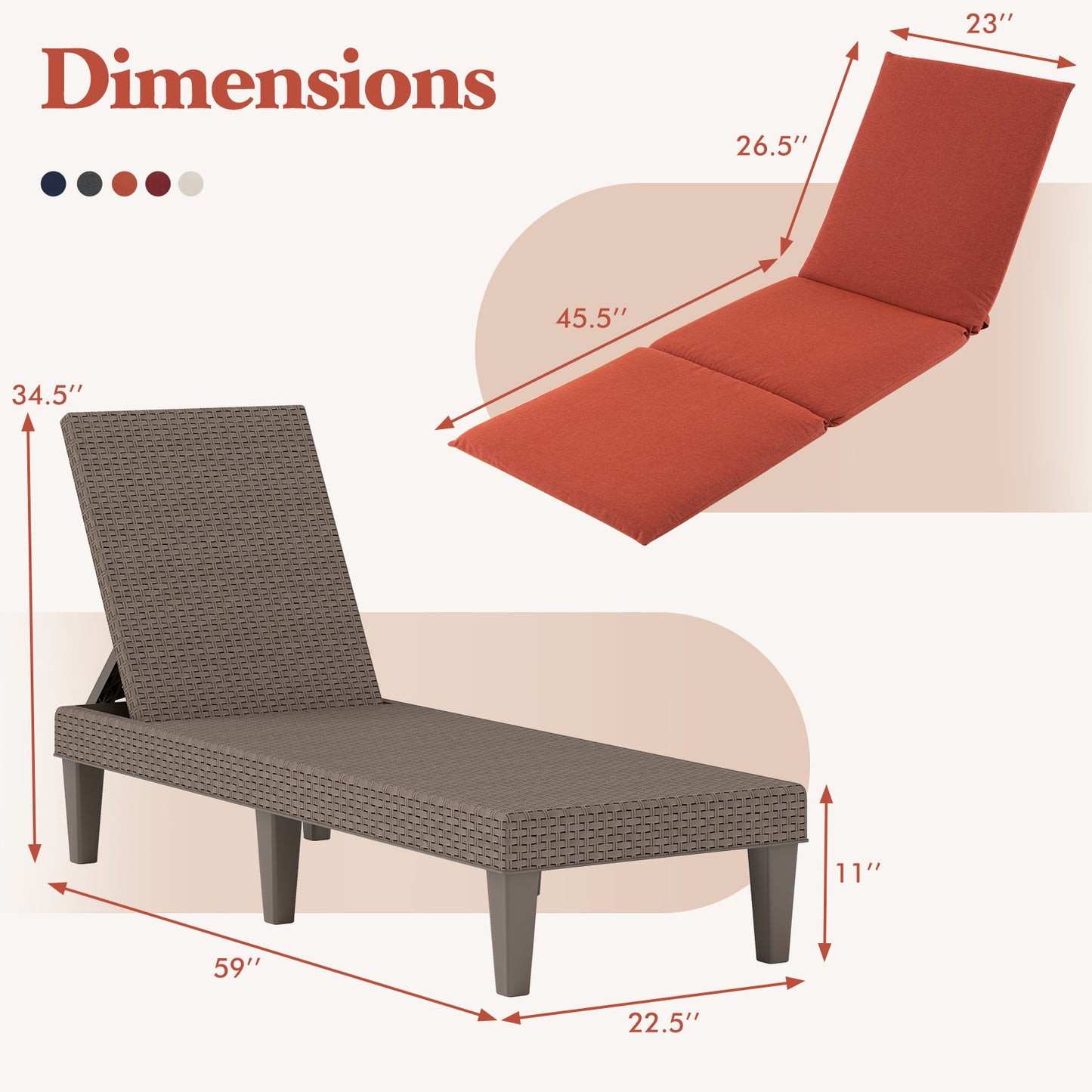 Patio Lounge Outdoor Recliner Chair with Cushion 3-Position Adjustable Backrest, Orange Outdoor Chaise Lounges at Gallery Canada