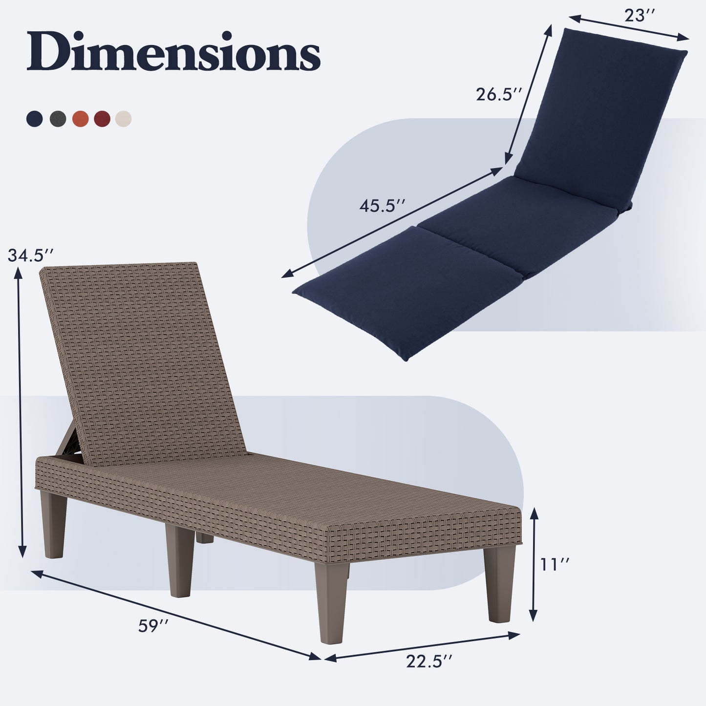 Patio Lounge Outdoor Recliner Chair with Cushion 3-Position Adjustable Backrest, Navy Outdoor Chaise Lounges at Gallery Canada