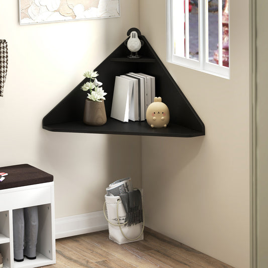 Triangular Corner Computer Desk With Storage Shelf, Black Corner Desks Black at Gallery Canada