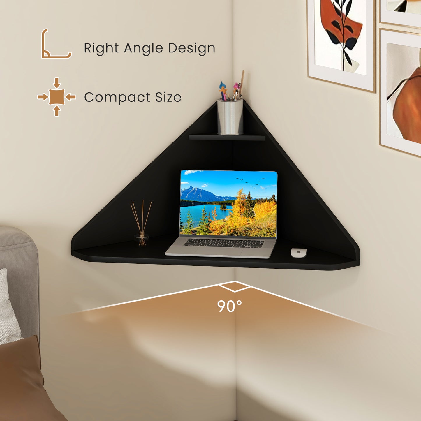 Floating Triangular Corner Computer Desk with Storage Shelf, Black Corner Desks at Gallery Canada