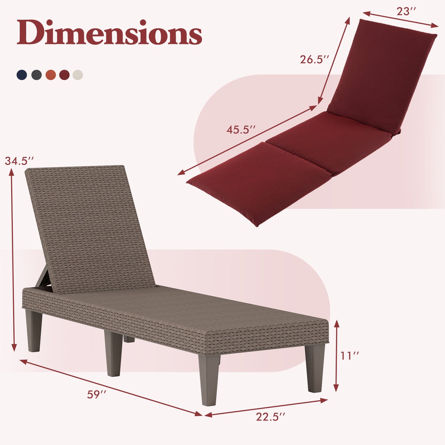 Patio Lounge Outdoor Recliner Chair with Cushion 3-Position Adjustable Backrest, Red Outdoor Chaise Lounges at Gallery Canada