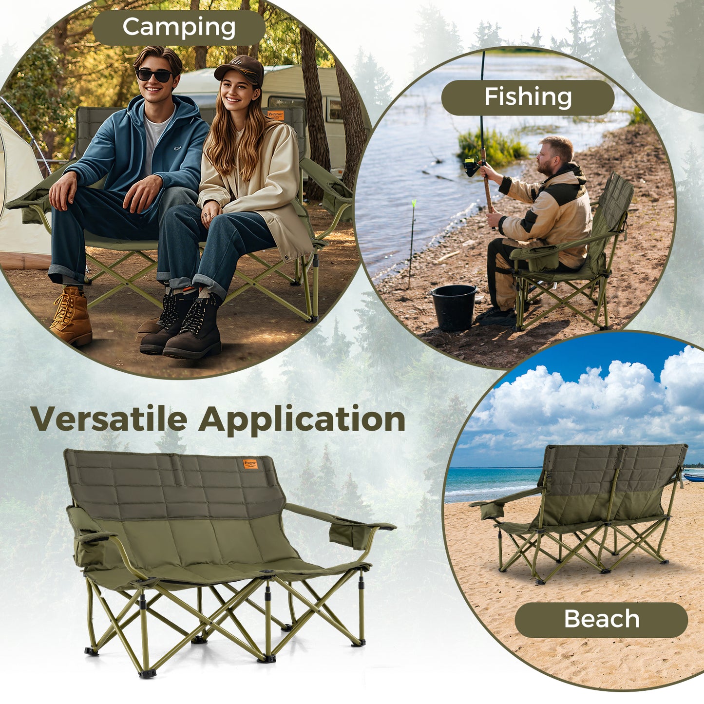 Oversized Camping Chair, Folding Loveseat, Cup Holders, Thick Padding, Green Camping Furniture at Gallery Canada