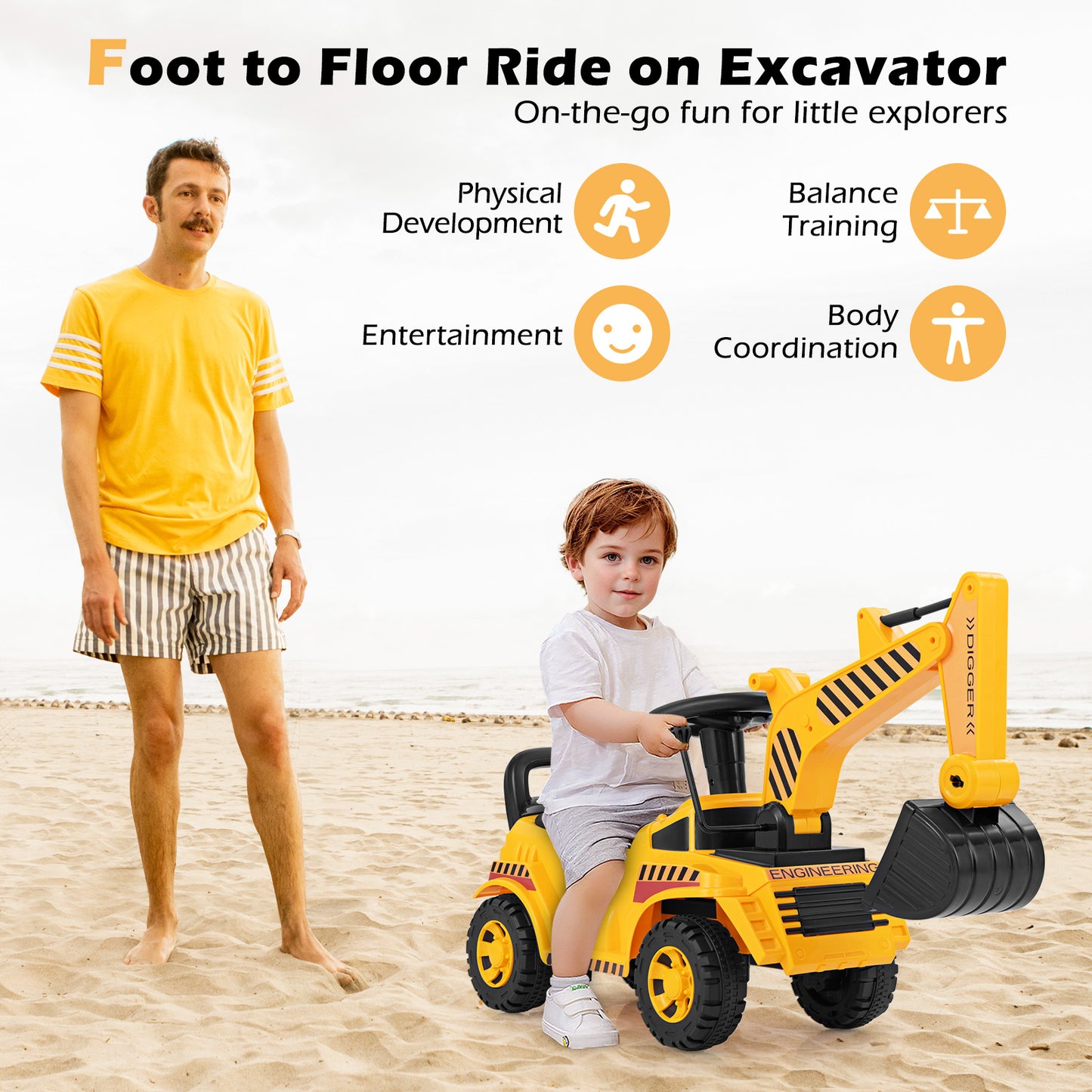 Kids Ride on Excavator with Adjustable Shovel, Yellow Push & Pedal Ride On Toys at Gallery Canada