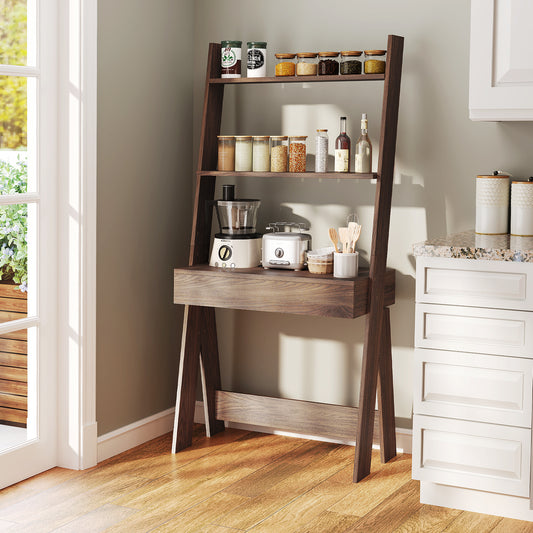 Ladder Shelf Desk Bookcase, Walnut, Countertop Drawer, 2 Shelves Bookcases Walnut at Gallery Canada