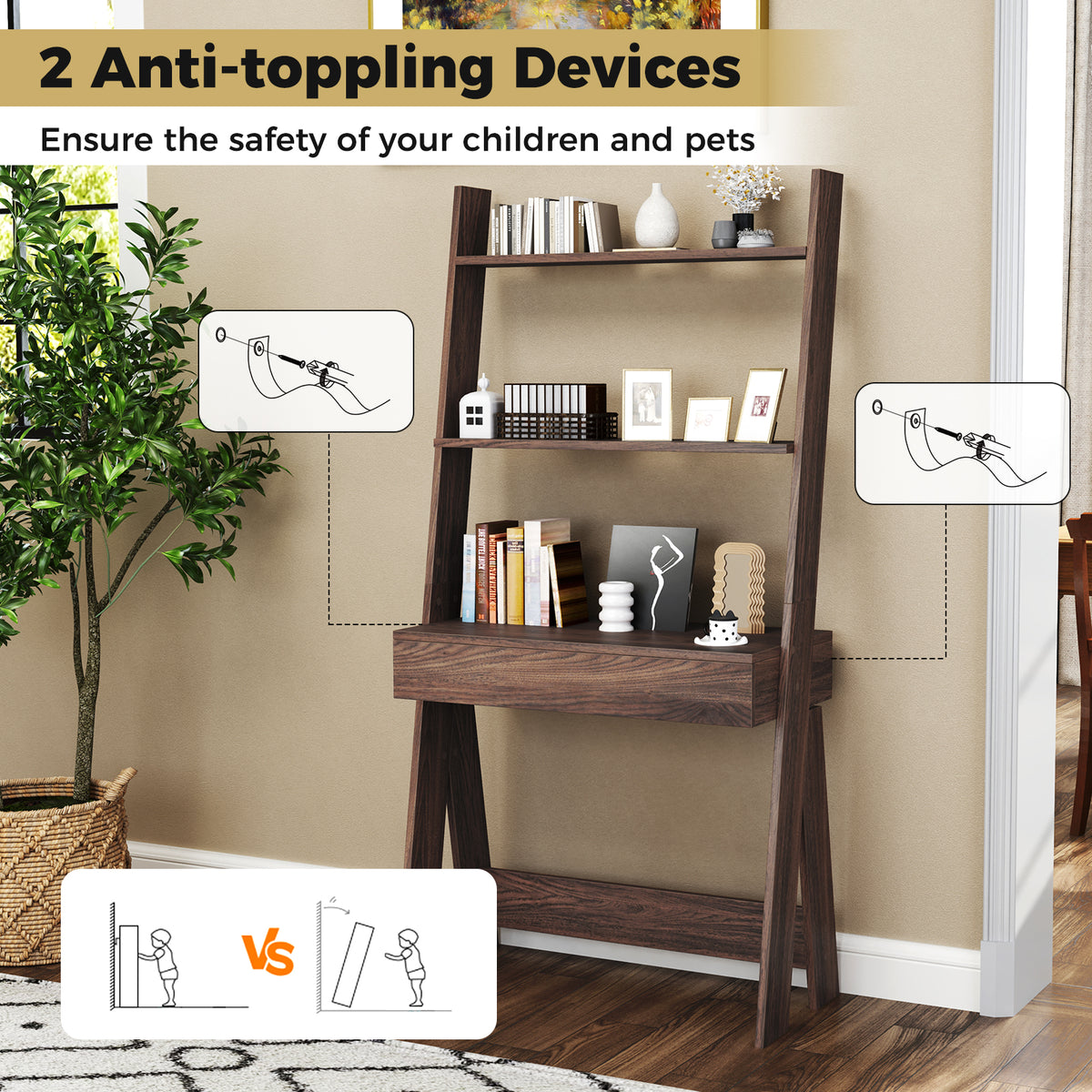 Ladder Shelf Desk Bookcase, Walnut, Countertop Drawer, 2 Shelves Bookcases at Gallery Canada