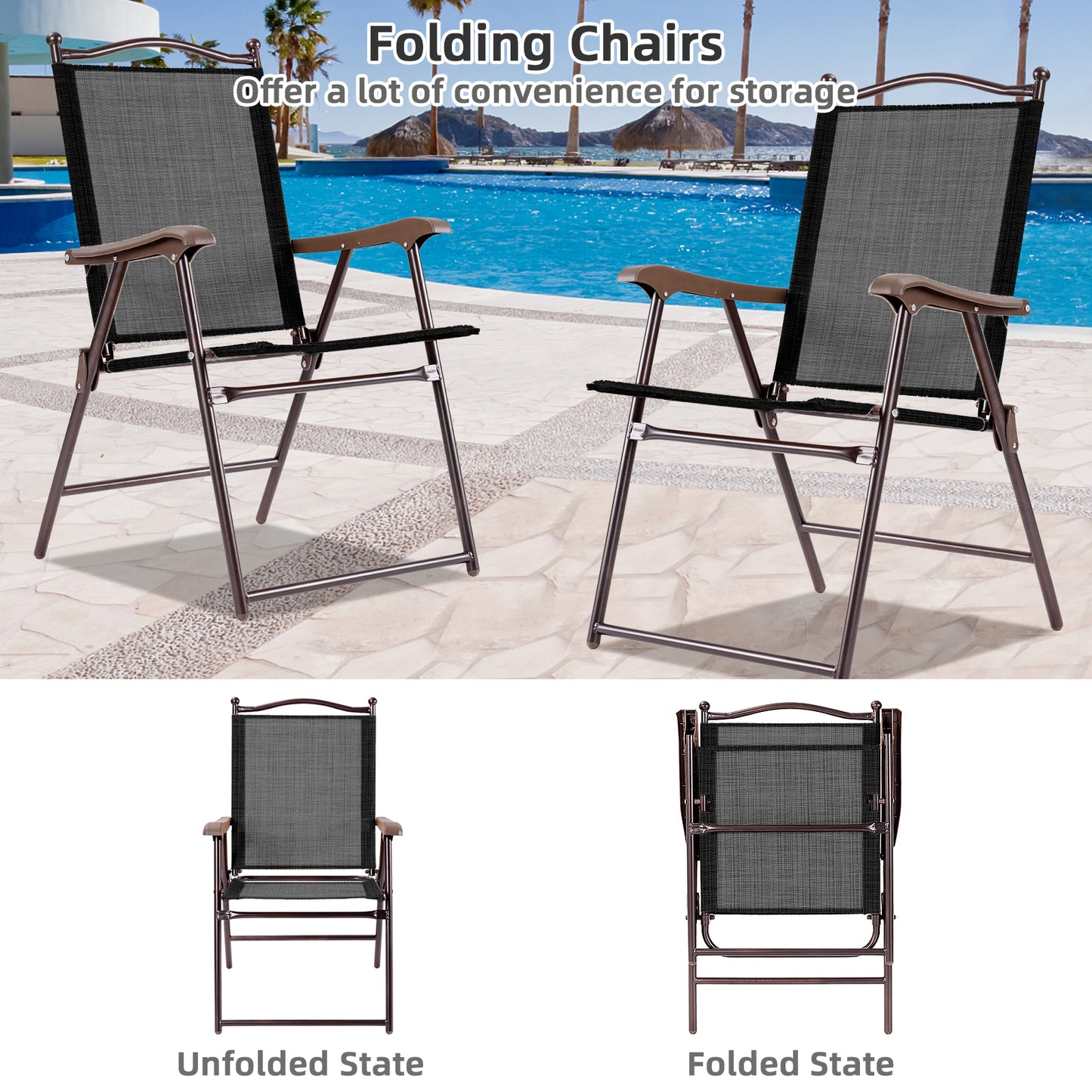 Set Of 2 Patio Folding Sling Back Camping Deck Chairs, Black