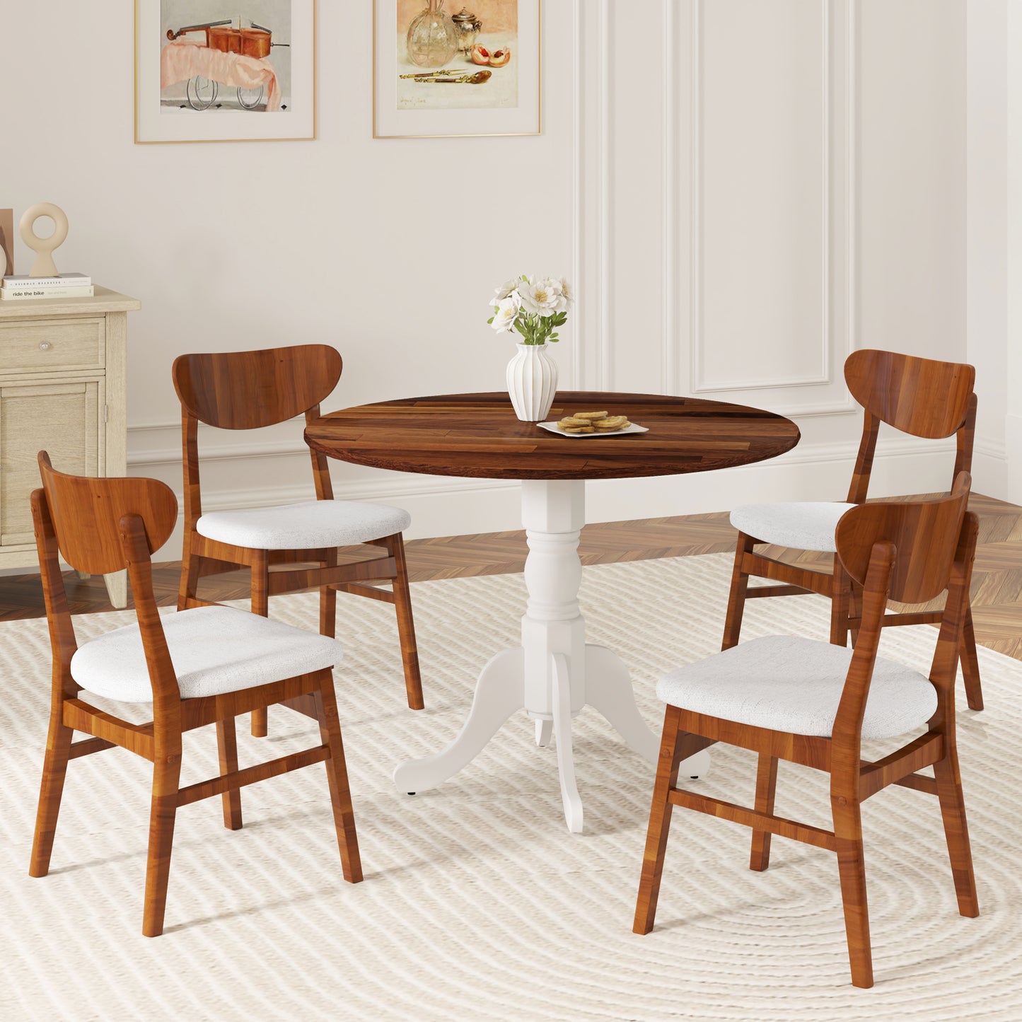 Wooden Dining Table, Round Tabletop, Curved Trestle Legs, Walnut & White, Gray Dining Tables at Gallery Canada