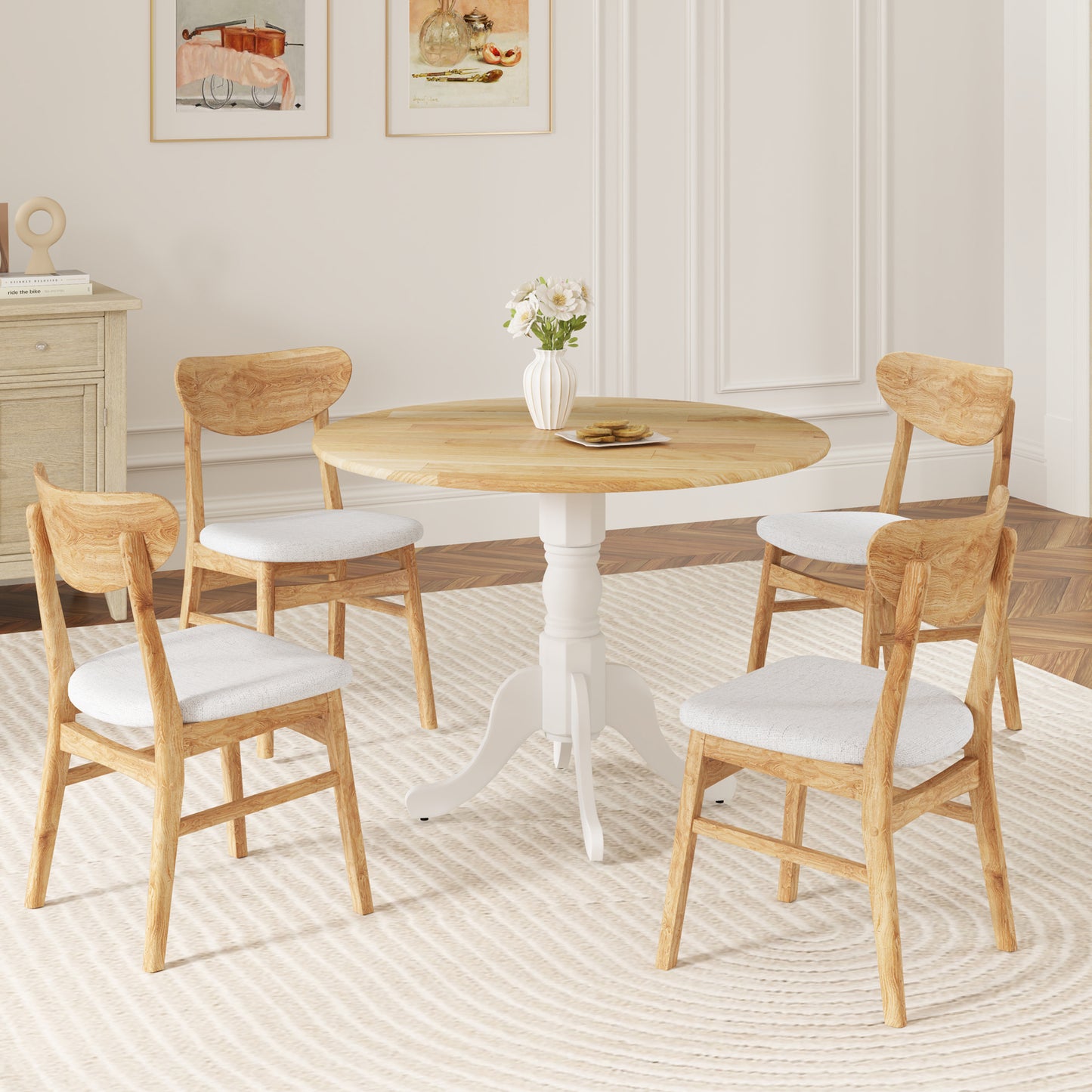 Wooden Dining Table with Round Tabletop and Curved Trestle Legs, Natural & White Dining Tables at Gallery Canada