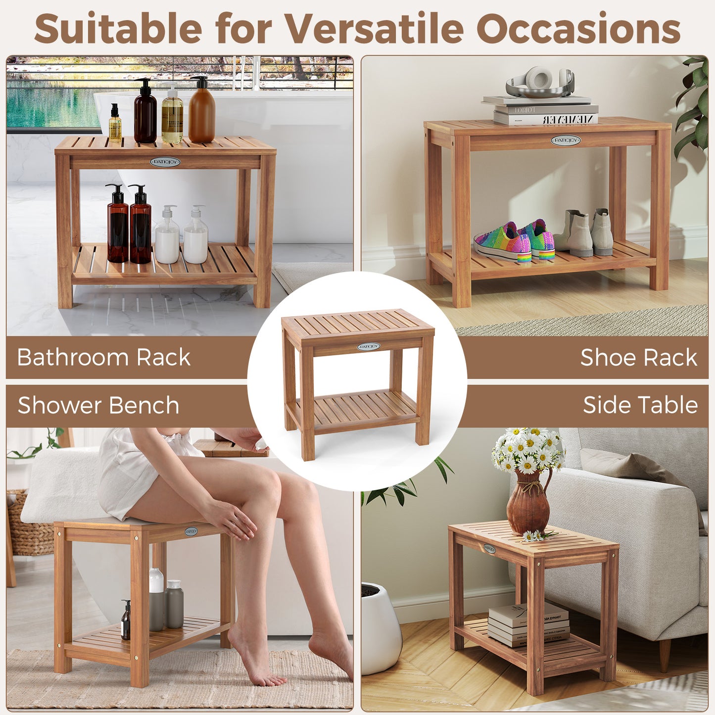 24 Inch Teak Wood Shower Bench Inside Shower Stool with Storage Shelf, Natural Bath Safety at Gallery Canada
