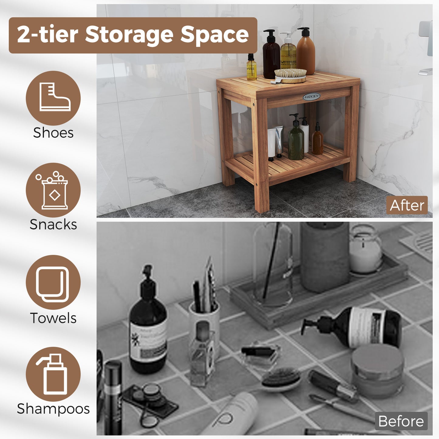 19 Inch Teak Wood Shower Bench Inside Shower Stool with Storage Shelf, Natural Bath Safety at Gallery Canada