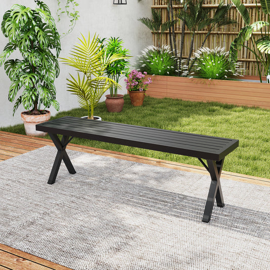 Metal Bench With Slatted Seat, X Legs, Black Outdoor Benches Black at Gallery Canada