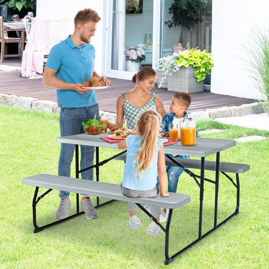 Folding Picnic Table Bench Set, Indoor Outdoor, Wood-Like Texture, Gray