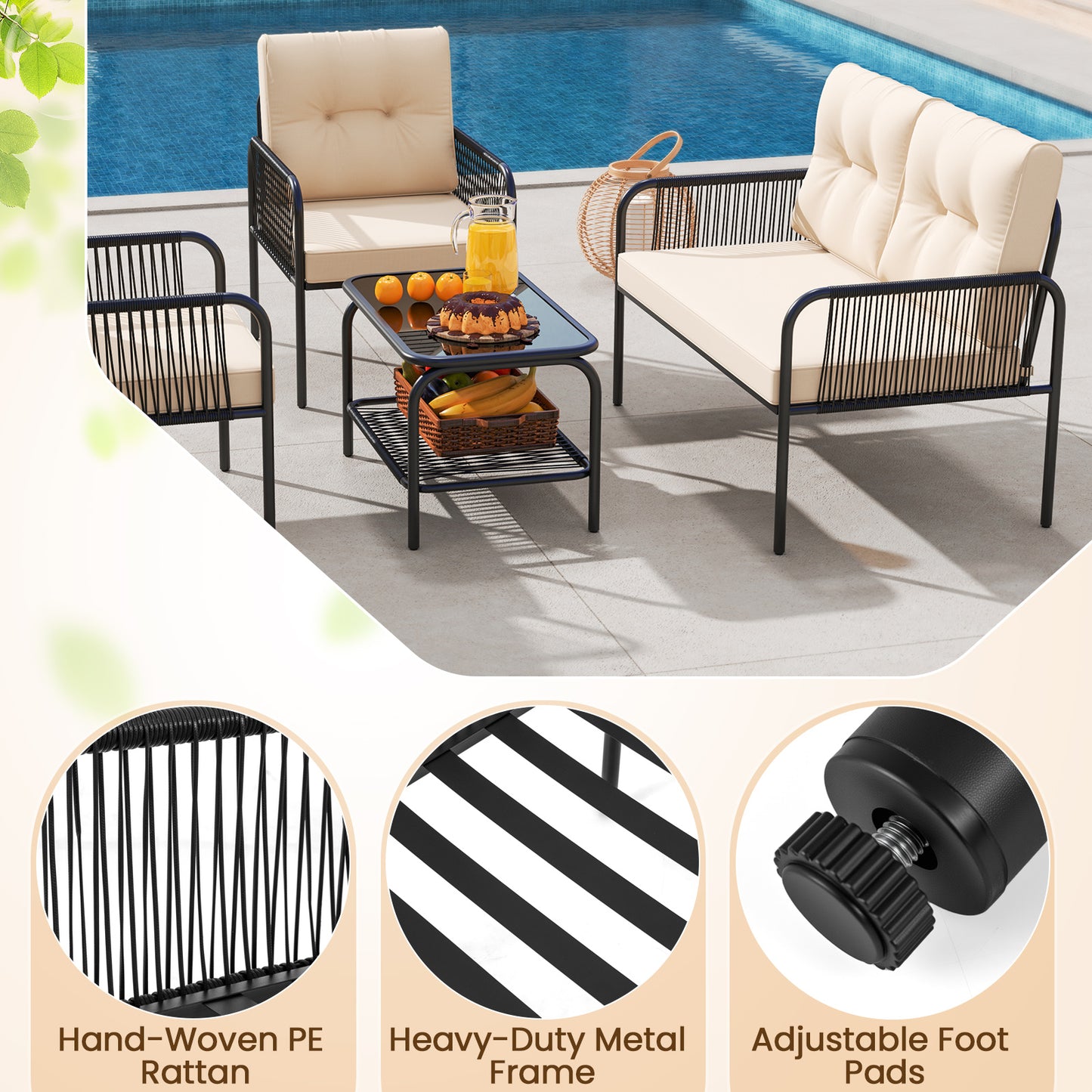 4 Piece Patio Furniture Set, PE Rattan Sofa With Loveseat, Beige Patio Conversation Sets at Gallery Canada