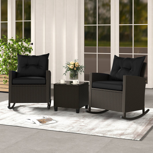3-Piece Patio Rattan Rocker Chairs, Tempered Glass Table, Black Patio Conversation Sets Black at Gallery Canada