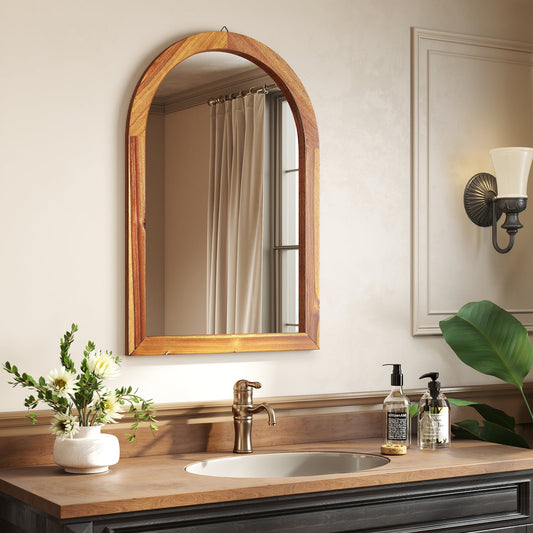 24 Inch x 35 Inch Arched Wall Mirror, Solid Acacia Wood Frame, Brown