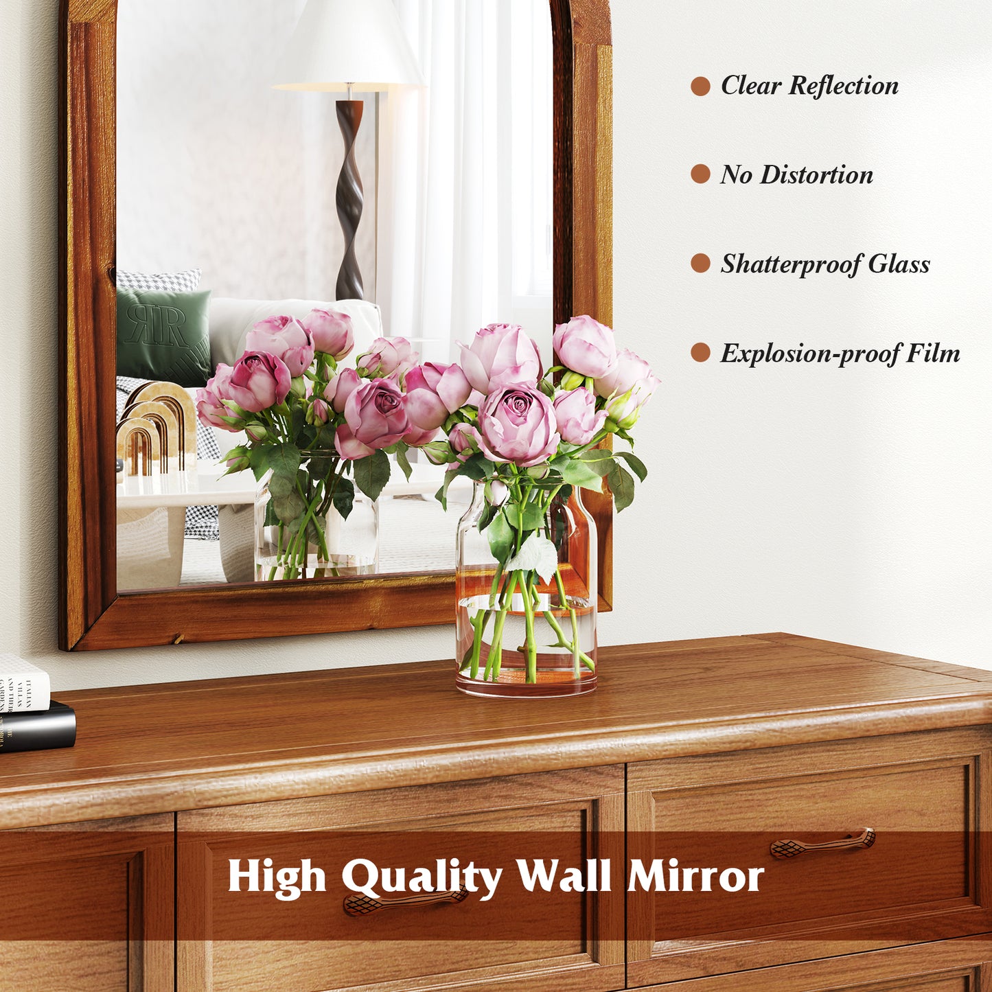 24 Inch x 35 Inch Arched Wall Mirror, Solid Acacia Wood Frame, Brown