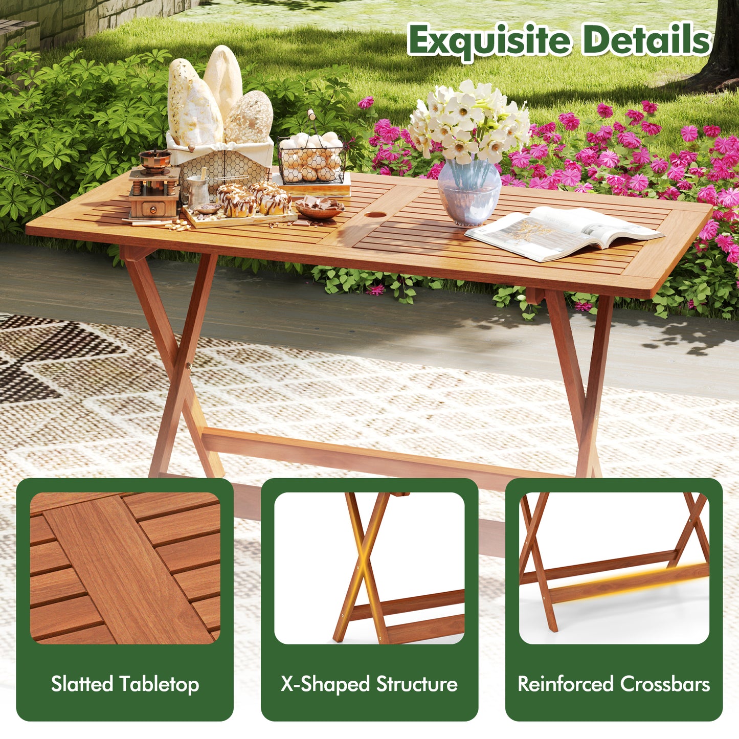 54.5 Inch x 27.5 Inch Patio Dining Table with Teak Painting and Umbrella Hole, Teak Patio Dining Tables at Gallery Canada