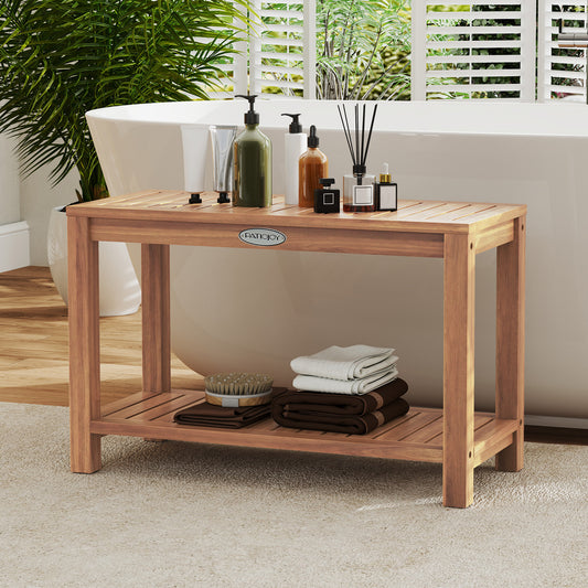 30 Inch Teak Wood Shower Bench Inside Shower Stool with Storage Shelf, Natural Bath Safety Natural at Gallery Canada