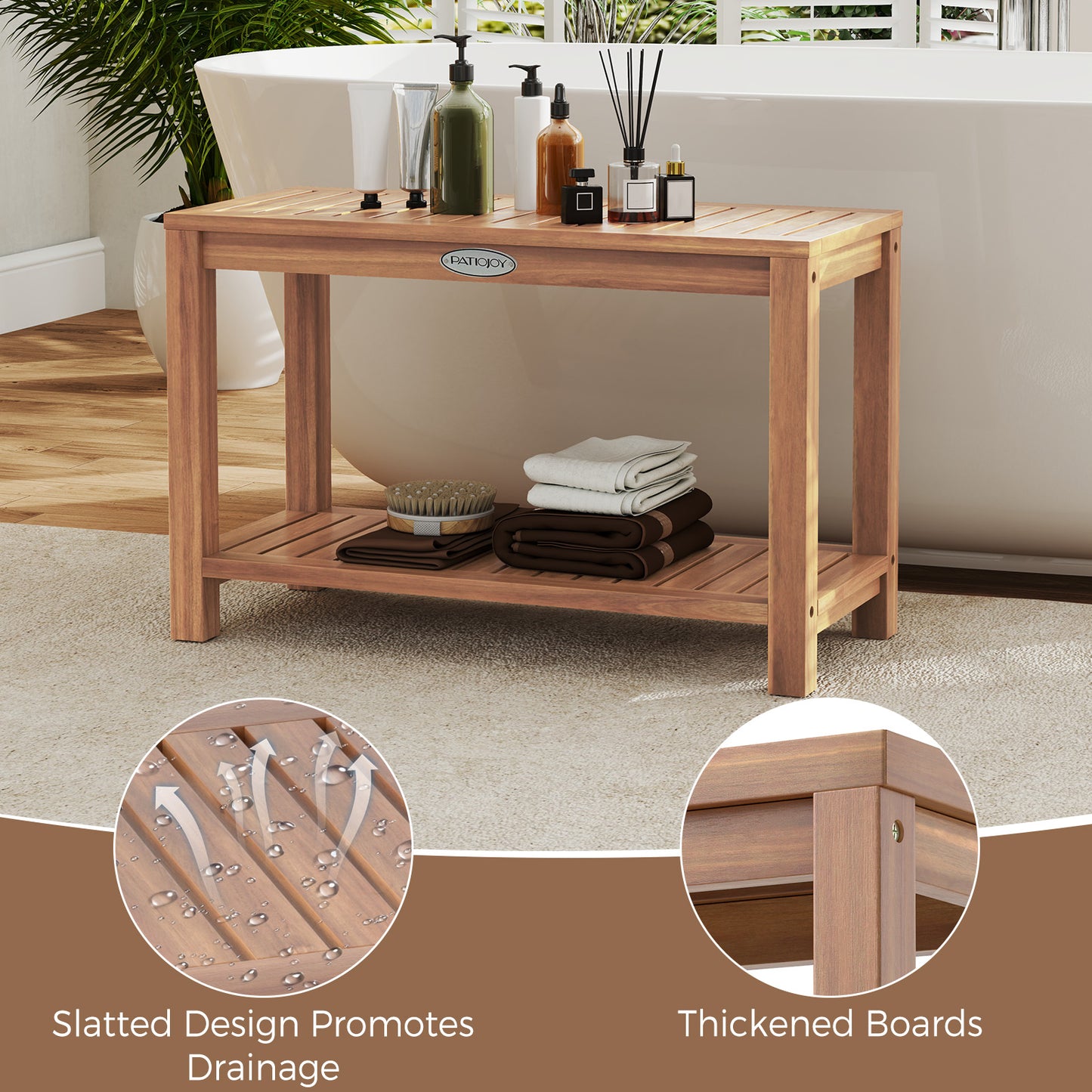 30 Inch Teak Wood Shower Bench, Storage Shelf, Natural Bath Safety at Gallery Canada