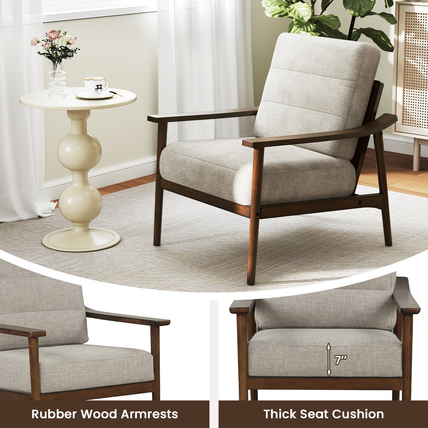 Modern Accent Chair, Rubber Wood Armrests And Legs, Brown