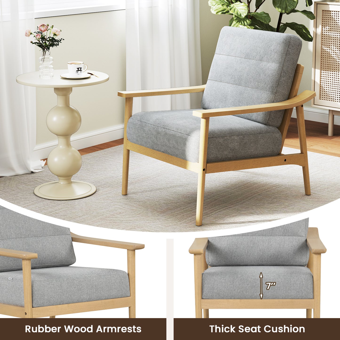 Modern Accent Chair with Rubber Wood Armrests and Legs for Living Room, Natural Accent Chairs at Gallery Canada