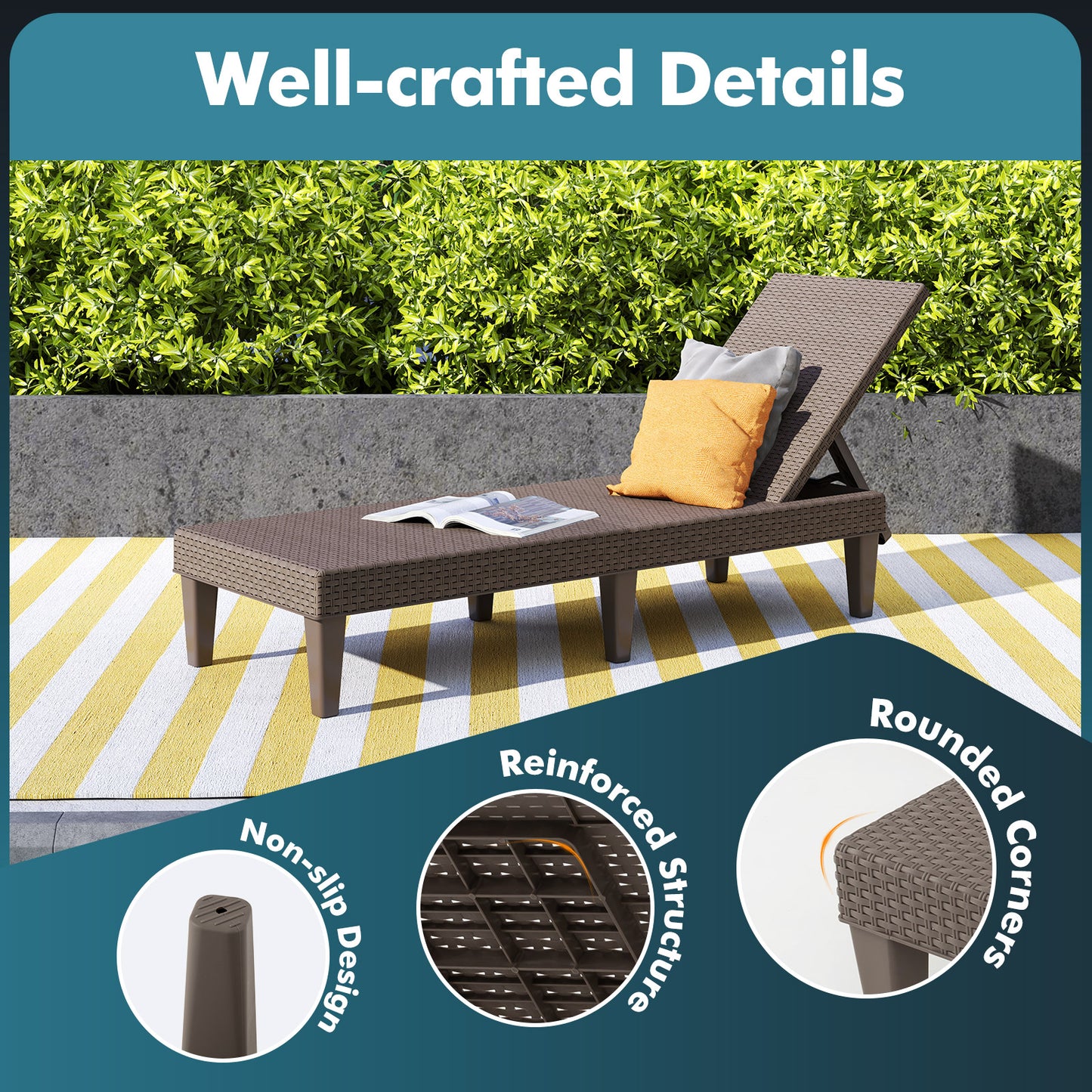 Outdoor Chaise Lounger Chair with Waterproof Rattan Textured PP Surface and 330 lbs Capacity, Brown Outdoor Chaise Lounges at Gallery Canada