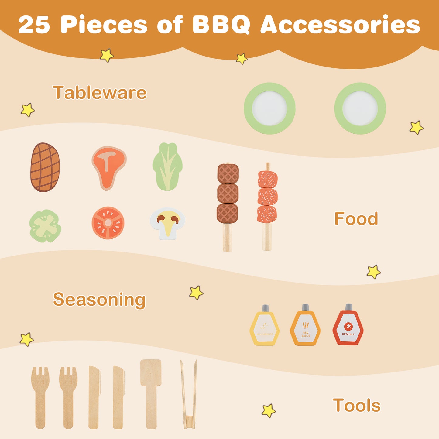 Kids Wooden Barbecue Grill Playset, Pretend Kitchen, Food And Wheels, Natural