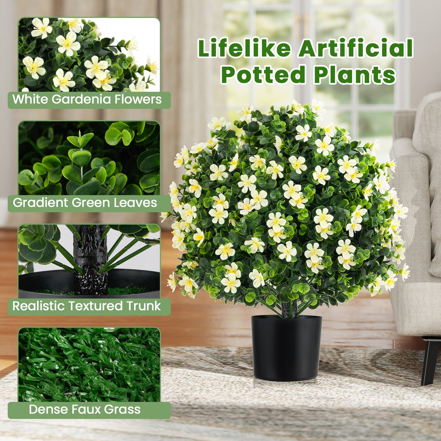 2 Pack Artificial Boxwood Topiary Ball Tree Faux Shrub Bushes with Flowers, White Faux Plants at Gallery Canada