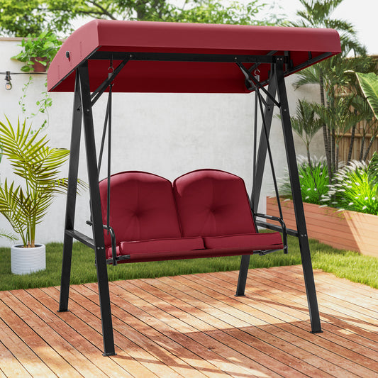 2-Person Outdoor Porch Swing, A-Shaped Metal Stand, Adjustable Canopy, Wine