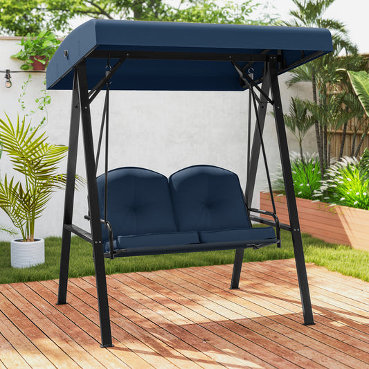 2-Person Outdoor Porch Swing with A-Shaped Metal Stand and Adjustable Canopy, Navy Porch Swings Navy at Gallery Canada