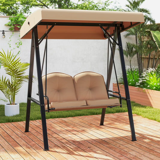 2-Person Outdoor Porch Swing with A-Shaped Metal Stand and Adjustable Canopy, Beige Porch Swings Beige at Gallery Canada
