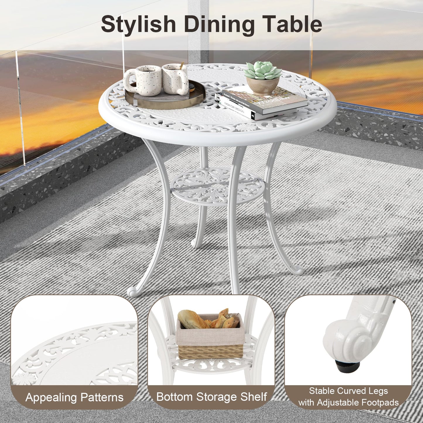31.5 Inch Round Patio Dining Table, Cast Aluminum, White Patio Dining Tables at Gallery Canada