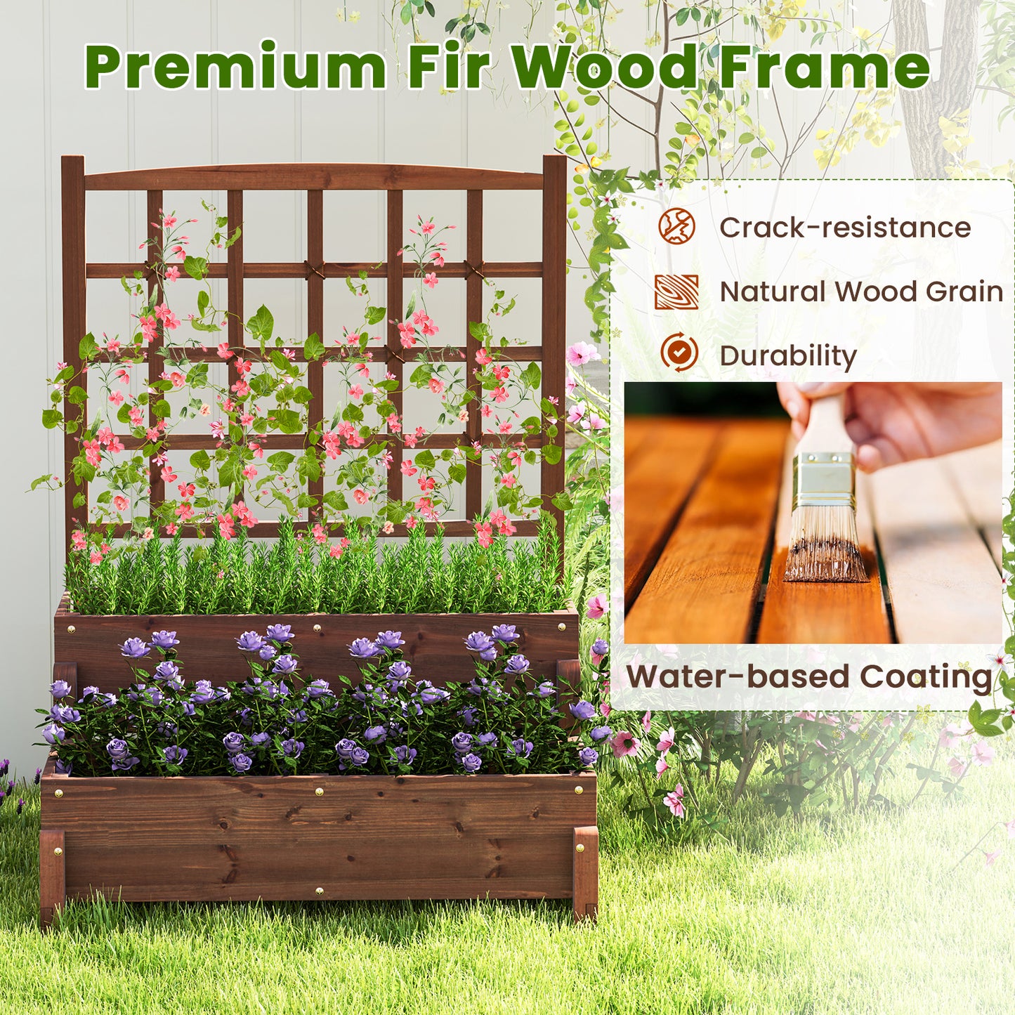 Raised Garden Bed with Trellis 2-tier Wood Planter Box with Drainage Holes, Rustic Brown Raised Garden Beds at Gallery Canada