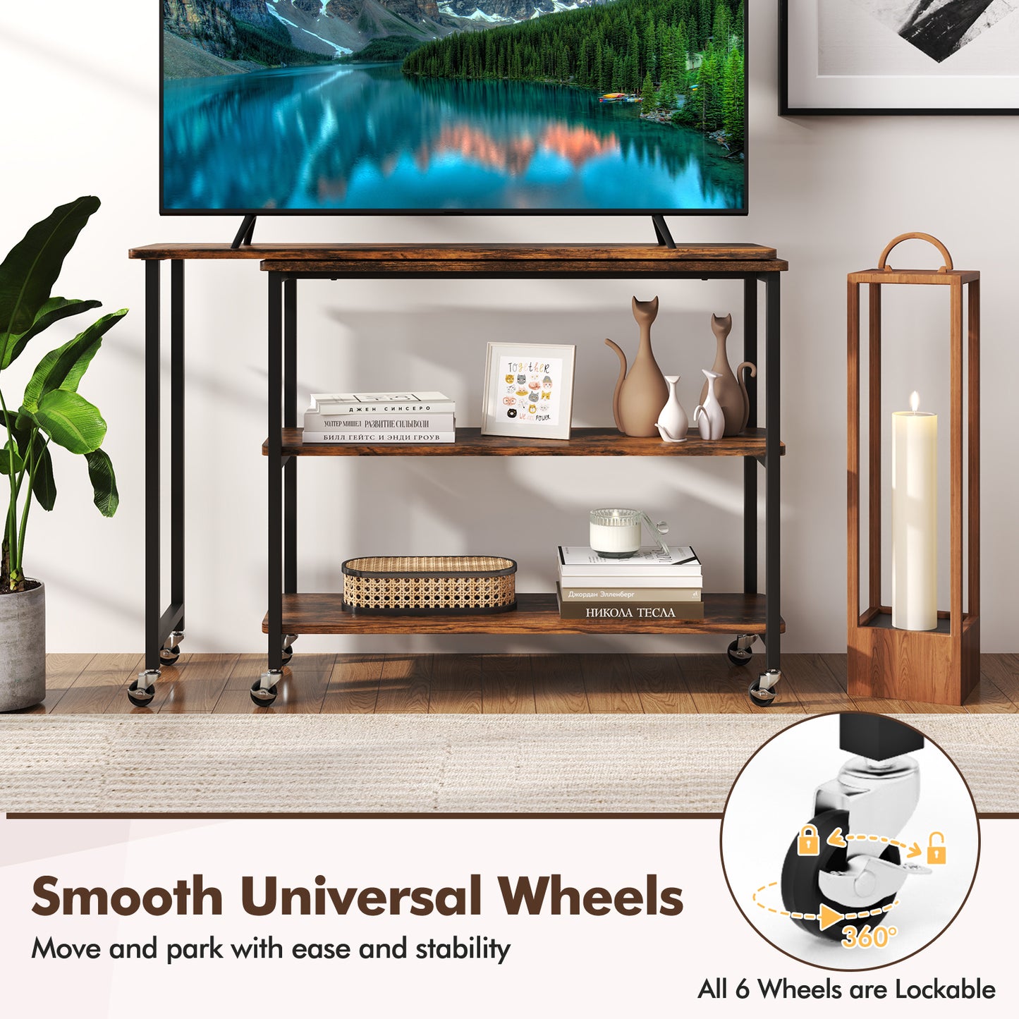 Large 360-Degree Free Rotating Sofa Side Table with Wheels and Storage Shelf, Rustic Brown End & Side Tables at Gallery Canada