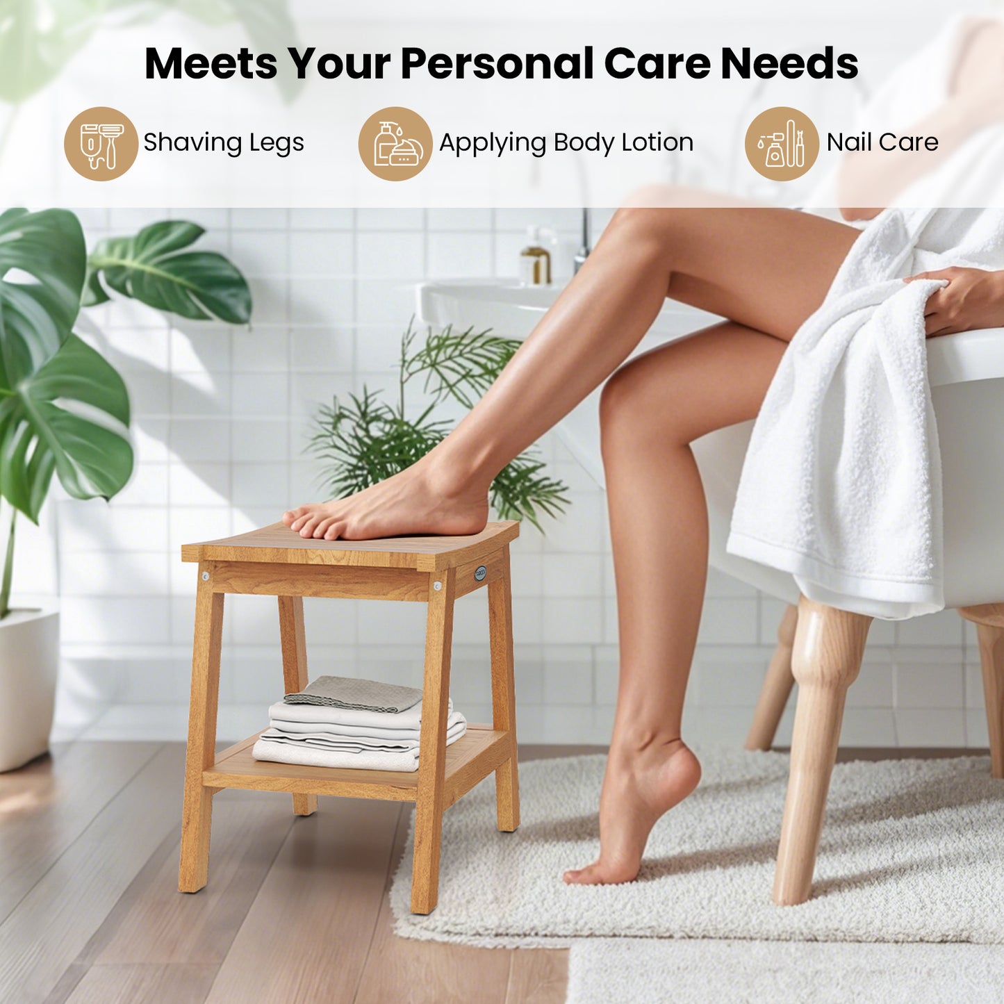 20 Inches Teak Wood Shower Bench, Storage Shelf, Adjustable Foot Pads, Natural Bath Safety at Gallery Canada