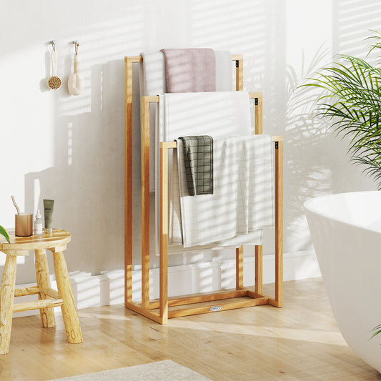 3-Tier Teak Wood Towel Rack, 3 Hanging Crossbars, Natural Towel Racks Natural at Gallery Canada