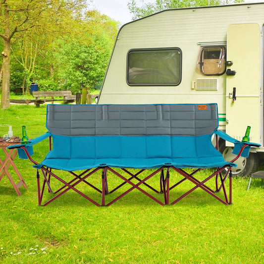 3 Person Folding Camping Chair, 2 Cup Holders, Cotton Padding, Storage Bag, Blue Camping Furniture Blue at Gallery Canada