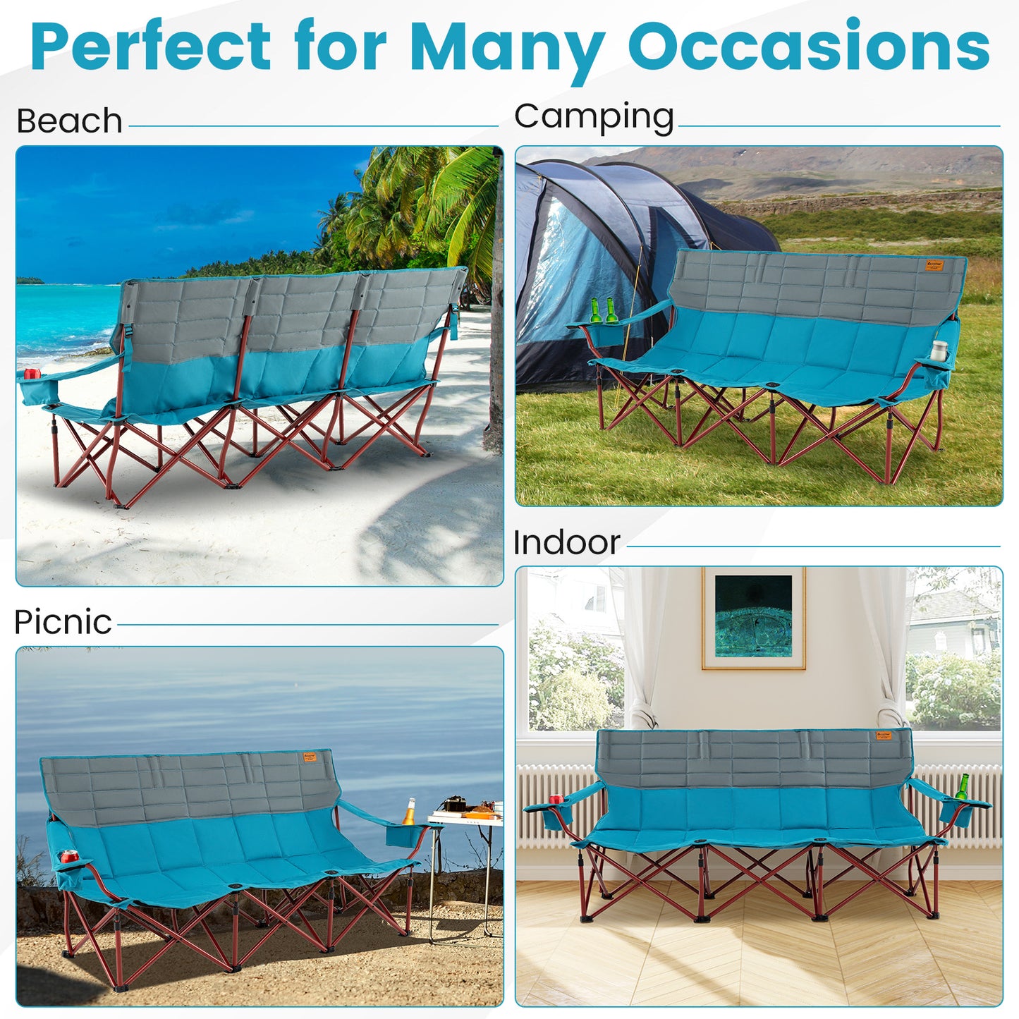 Chaise de camping pliante 3 personnes, 2 porte-gobelets, rembourrage en coton, sac de rangement, bleu