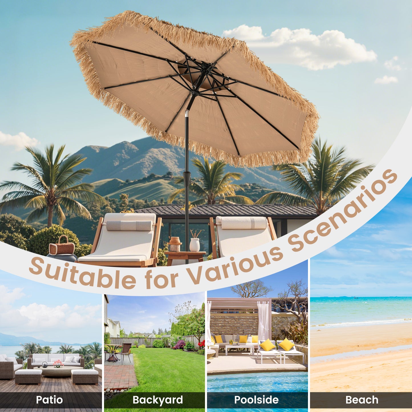 9 Feet Thatched Tiki Umbrella, 8 Ribs, Natural Outdoor Umbrellas at Gallery Canada